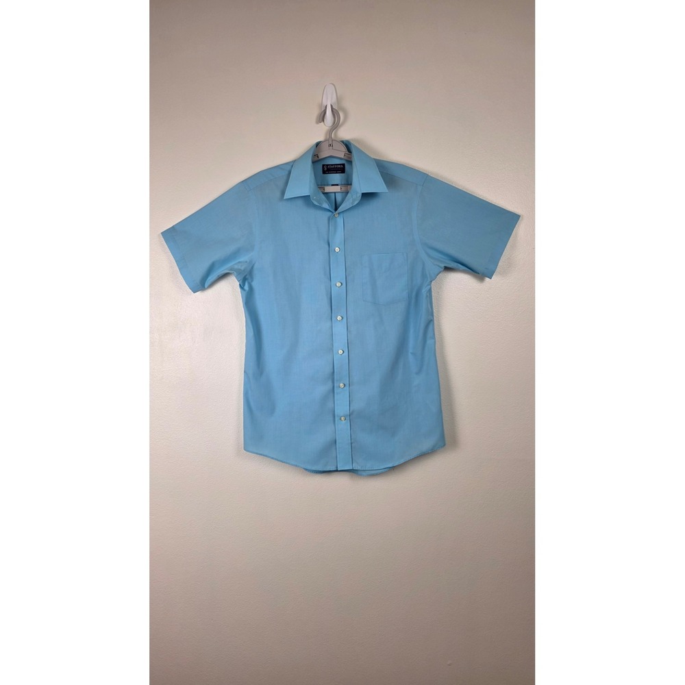 Stafford Essentials Shirt Mens‎ 15.5 Blue Short Sleeve Button Down Classic Fit